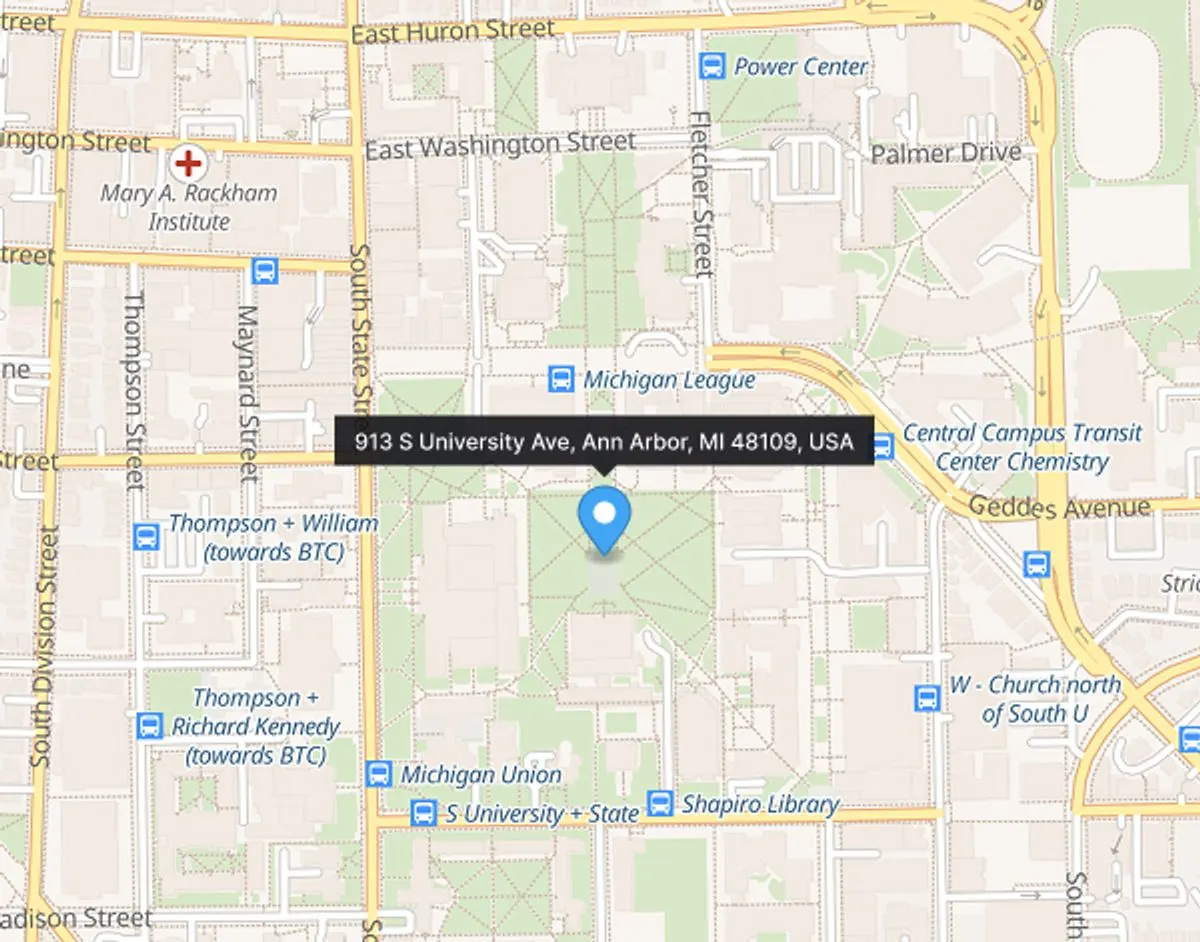 A map of downtown Ann Arbor with a pin placed on The Diag