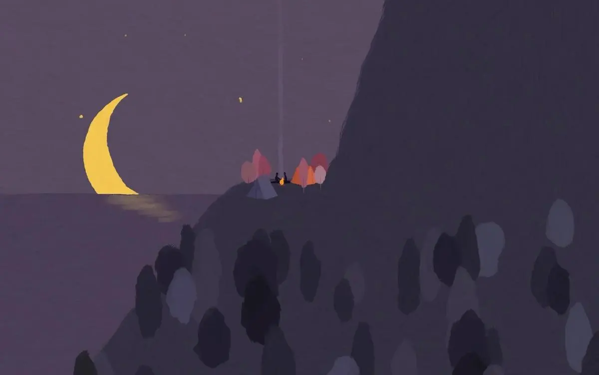 An illustration of people camping at night where the coast meets the mountains.